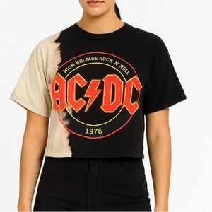 AC/DC Black and Cream High Voltage Tee tie dyed cut cropped SZ LG -small flaw
